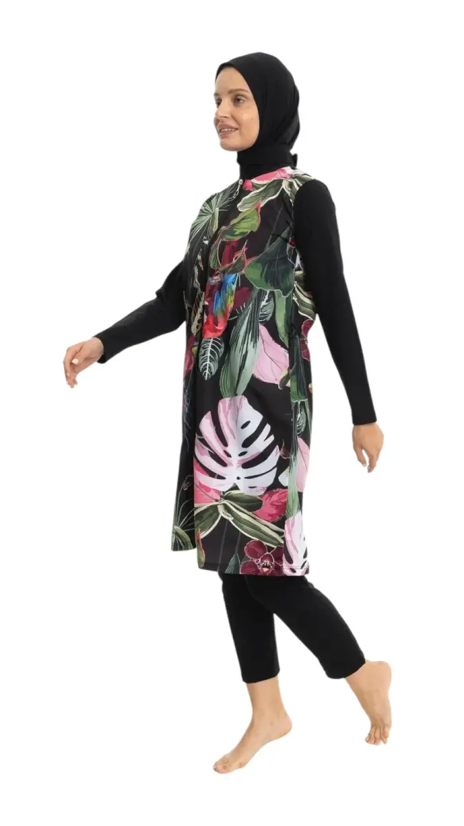 EMSA Kadın Yaprak Desenli Tam Kapalı Tesettür Mayo 2692-25 Siyah - 2