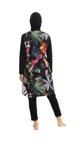 EMSA Kadın Yaprak Desenli Tam Kapalı Tesettür Mayo 2692-25 Siyah - 3