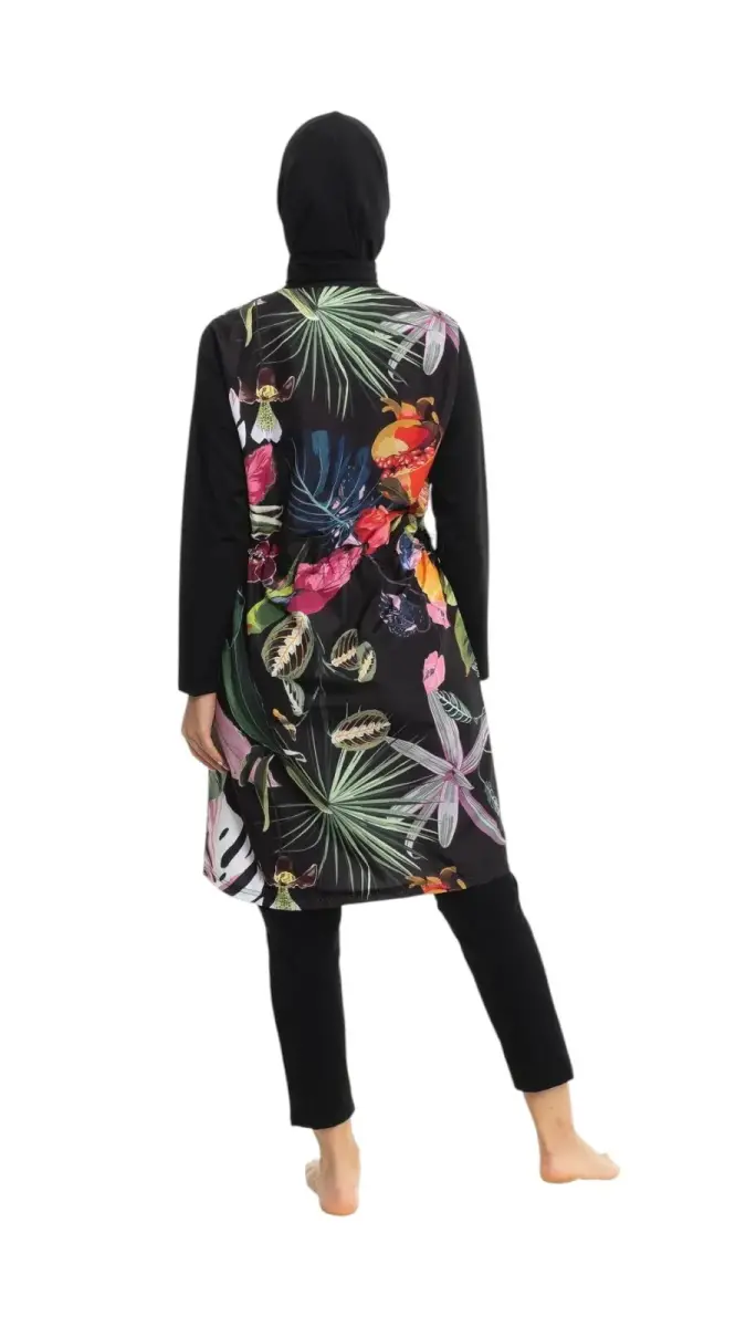 EMSA Kadın Yaprak Desenli Tam Kapalı Tesettür Mayo 2692-25 Siyah - 3
