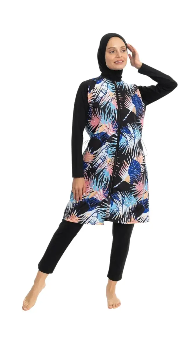 EMSA Kadın Yaprak Desenli Tam Kapalı Tesettür Mayo 2695-25 Siyah - 1