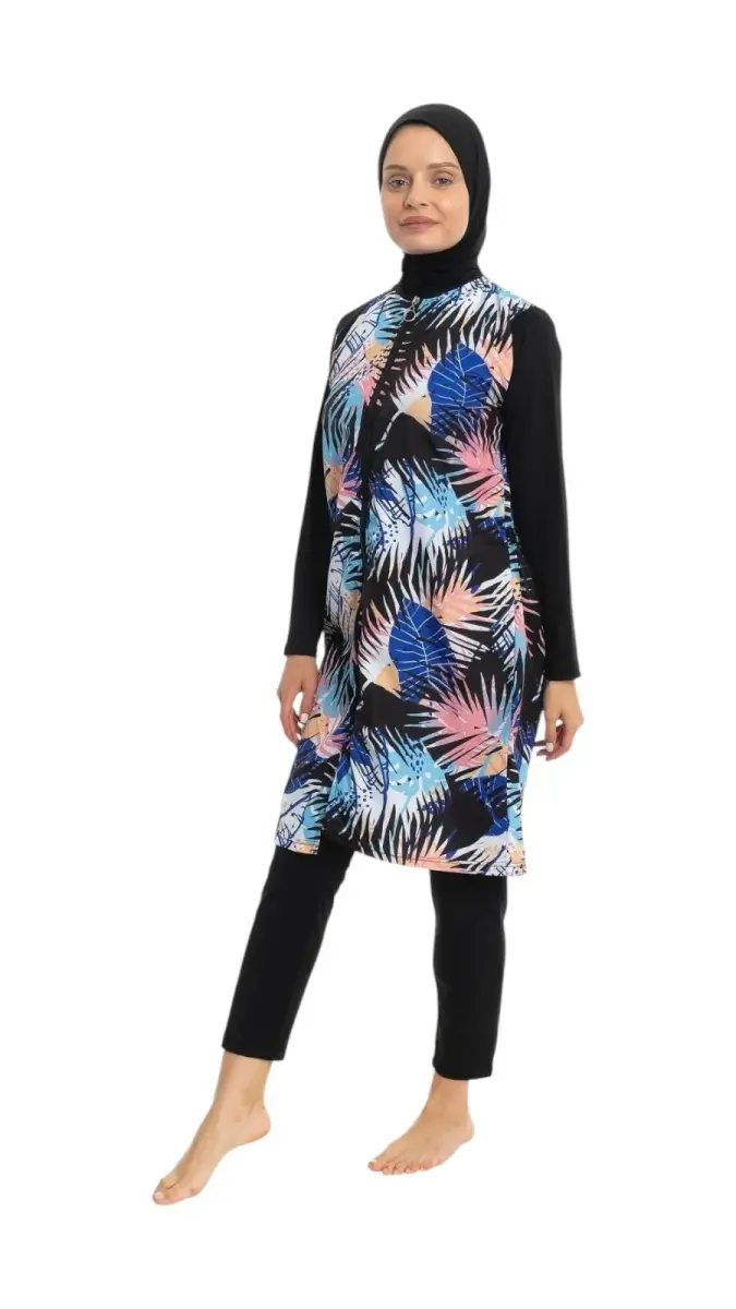 EMSA Kadın Yaprak Desenli Tam Kapalı Tesettür Mayo 2695-25 Siyah - 2