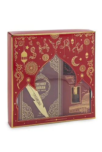 English Medina Calligraphy Quran and Prayer Rug Set Red - ihvanonline (1)