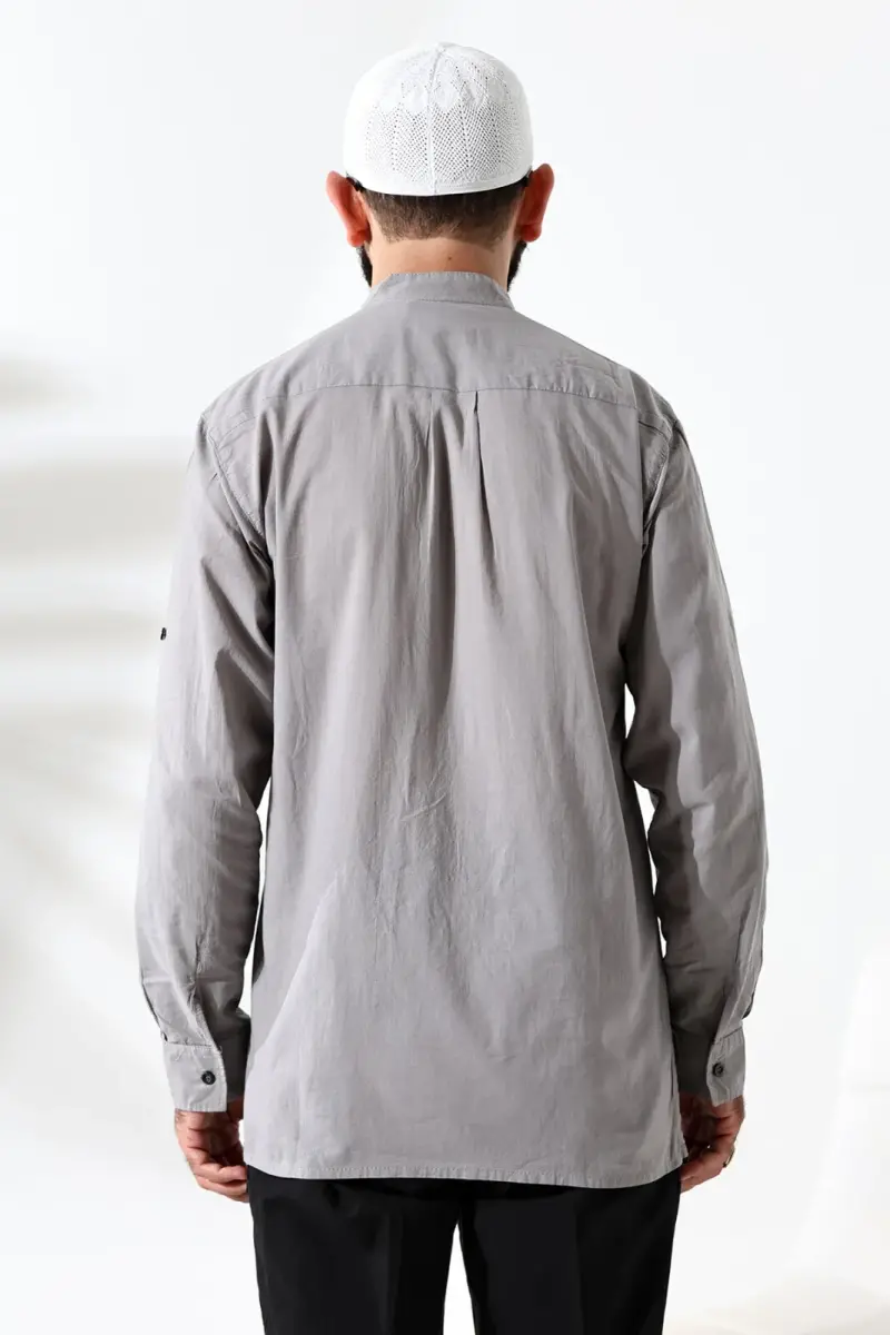 Erkek %100 Pamuk Vual Rahat Kesim Hakim Yaka Yarım Pat Gri Hac Umre Gömlek - 8