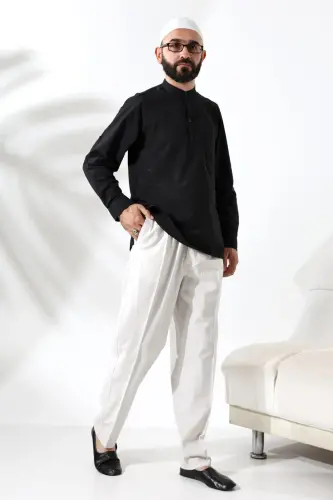 Erkek %100 Pamuk Vual Rahat Kesim Hakim Yaka Yarım Pat Siyah Hac Umre Gömlek - ihvanonline (1)