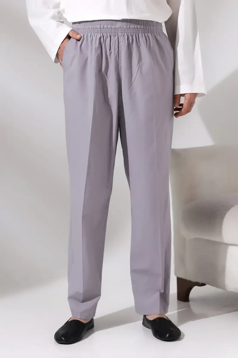 Erkek Gri Çınar Rahat Kesim Beli Lastikli Hac ve Umre Keten Şalvar Pantolon - 1