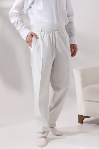 Erkek Açık Gri Rahat Kesim Beli Lastikli Keten Hac ve Umre Şalvar Pantolon 