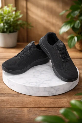 Erkek Bağcıksız Hava Alabilen Spor Ayakkabı - Hafif Taban Günlük Yürüyüş Ayakkabısı - Siyah 