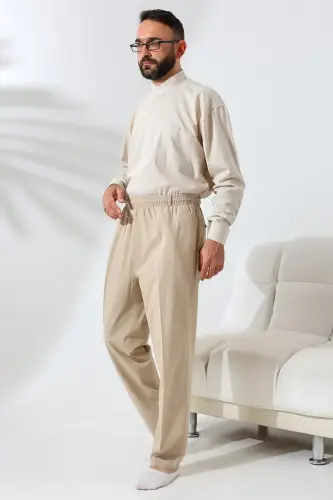 Erkek Bej Rahat Kesim Beli Lastikli Keten Hac ve Umre Şalvar Pantolon - 6