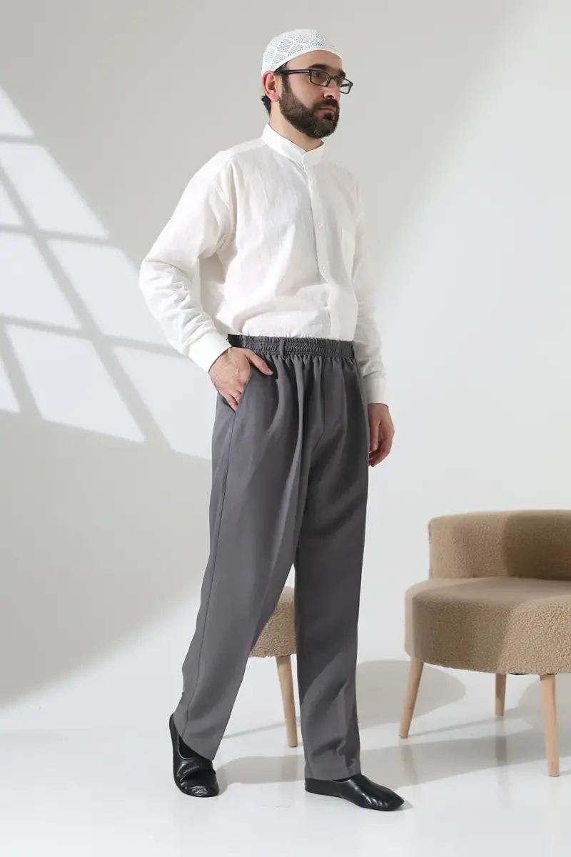 Erkek Beli Lastikli Cepli Hac Umre Kumaş Şalvar Pantolon - Açık Gri (ISR) - 2