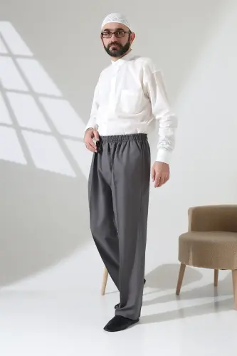 Erkek Beli Lastikli Cepli Hac Umre Kumaş Şalvar Pantolon - Açık Gri (ISR) - 3