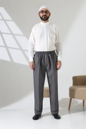 Erkek Beli Lastikli Cepli Hac Umre Kumaş Şalvar Pantolon - Açık Gri (ISR) - 4