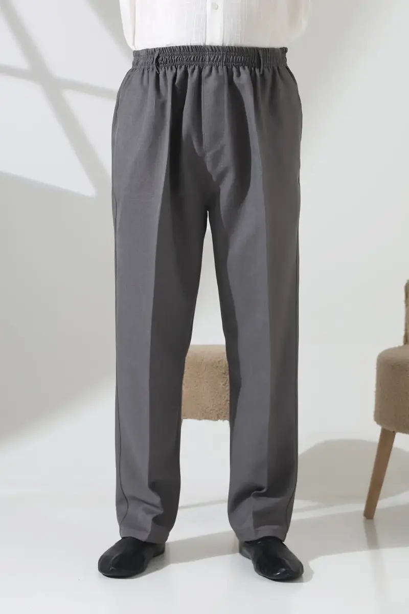 Erkek Beli Lastikli Cepli Hac Umre Kumaş Şalvar Pantolon - Açık Gri (ISR) - 5