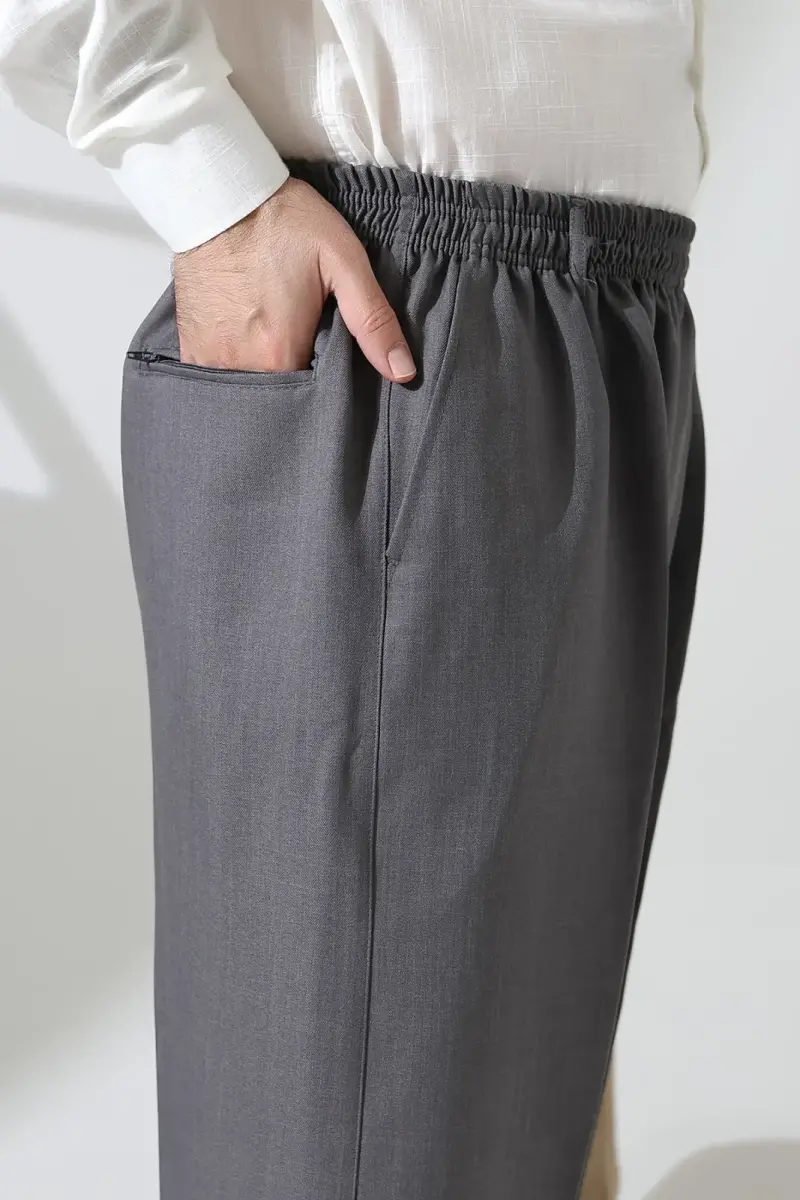 Erkek Beli Lastikli Cepli Hac Umre Kumaş Şalvar Pantolon - Açık Gri (ISR) - 6