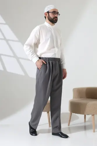 Erkek Beli Lastikli Cepli Hac Umre Kumaş Şalvar Pantolon - Açık Gri (ISR) - 2
