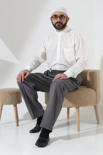 Erkek Beli Lastikli Cepli Hac Umre Kumaş Şalvar Pantolon - Açık Gri (ISR) - 7