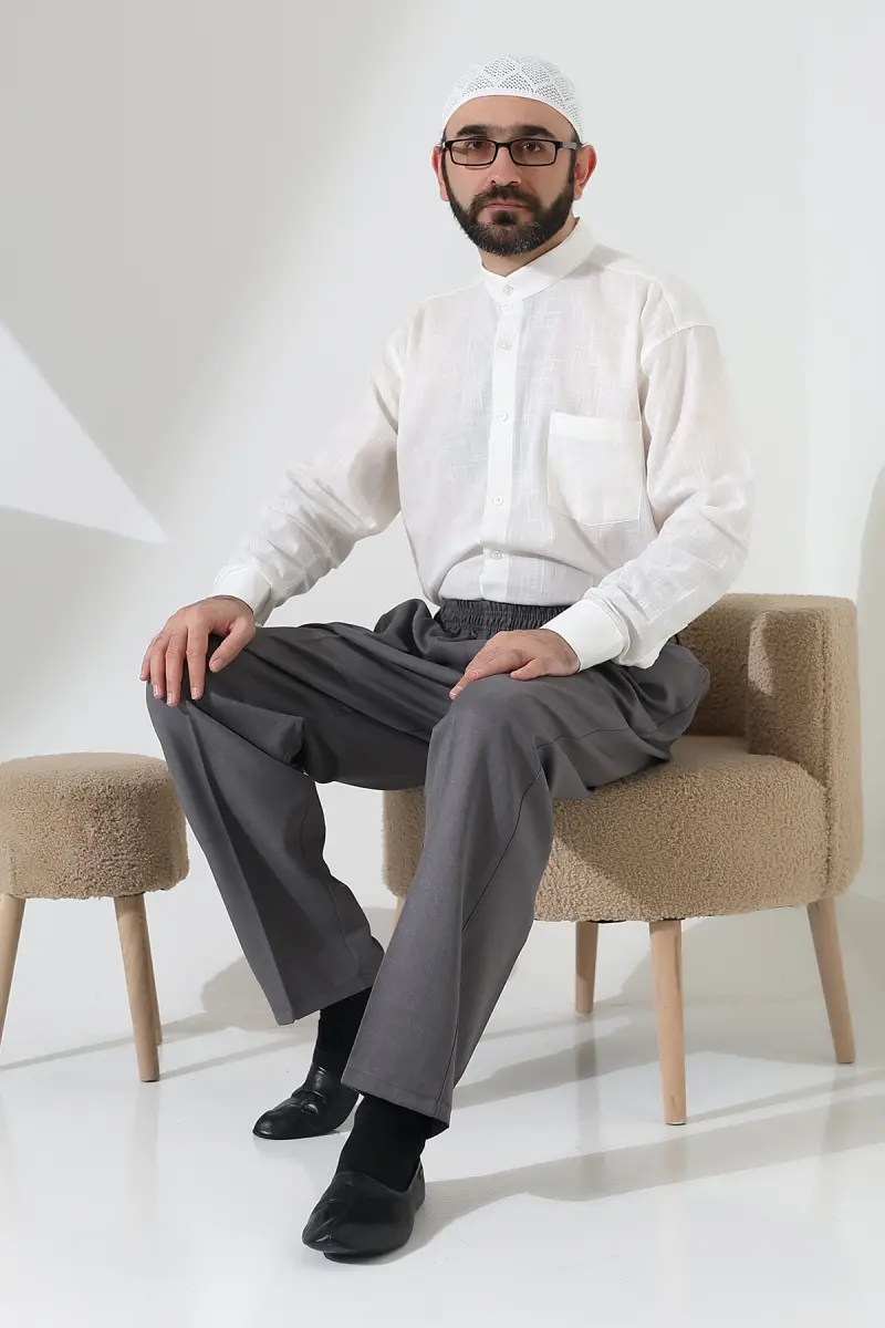 Erkek Beli Lastikli Cepli Hac Umre Kumaş Şalvar Pantolon - Açık Gri (ISR) - 7