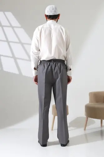 Erkek Beli Lastikli Cepli Hac Umre Kumaş Şalvar Pantolon - Açık Gri (ISR) - 8