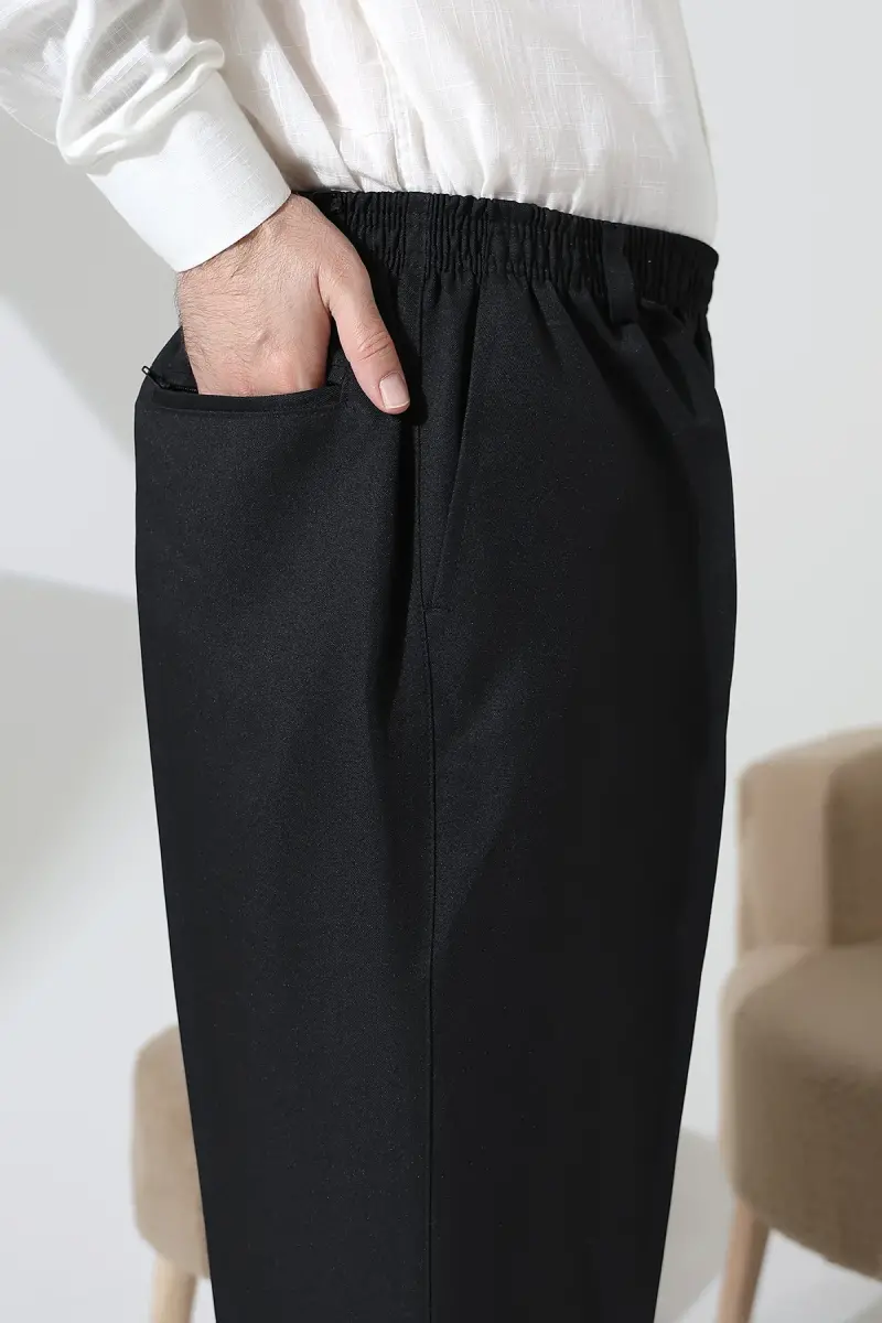 Erkek Beli Lastikli Cepli Hac Umre Kumaş Şalvar Pantolon - Siyah (ISR) - 6