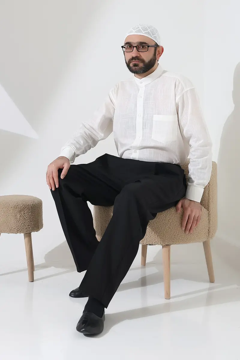 Erkek Beli Lastikli Cepli Hac Umre Kumaş Şalvar Pantolon - Siyah (ISR) - 7