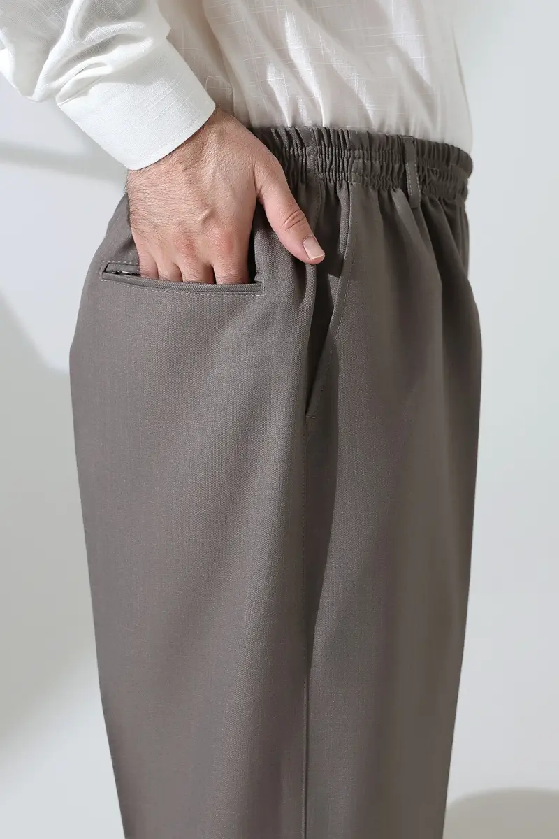 Erkek Beli Lastikli Cepli Hac Umre Kumaş Şalvar Pantolon - Toprak(ISR) - 5
