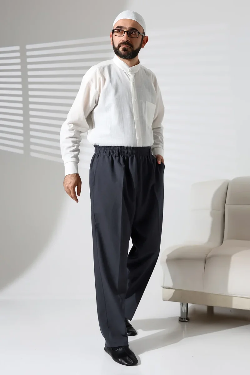 Erkek Beli Lastikli Cepli Kışlık Yün Efektli Kumaş Şalvar Pantolon - Antrasit (İSR) - 1