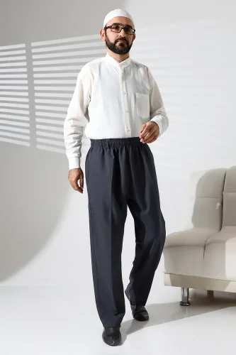 Erkek Beli Lastikli Cepli Kışlık Yün Efektli Kumaş Şalvar Pantolon - Antrasit (İSR) - 2