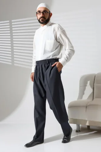 Erkek Beli Lastikli Cepli Kışlık Yün Efektli Kumaş Şalvar Pantolon - Antrasit (İSR) - 3