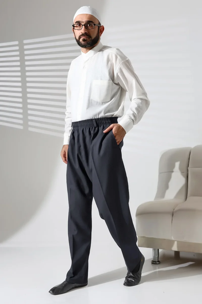 Erkek Beli Lastikli Cepli Kışlık Yün Efektli Kumaş Şalvar Pantolon - Antrasit (İSR) - 3