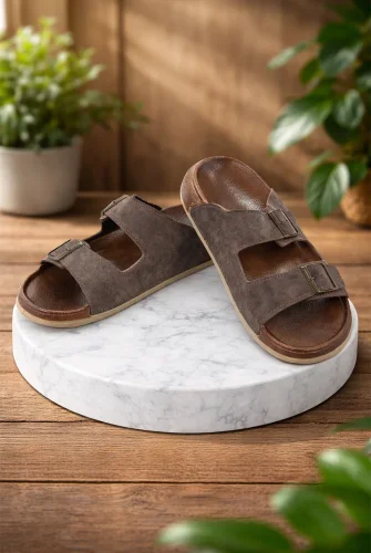 Erkek Çift Tokalı Ortopedik Hac Umre Terliği - Ergonomik Rahat Taban Günlük Terlik - Kahverengi - ihvanonline (1)