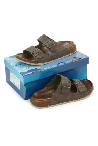 Erkek Çift Tokalı Ortopedik Hac Umre Terliği - Ergonomik Rahat Taban Günlük Terlik - Kahverengi - 3