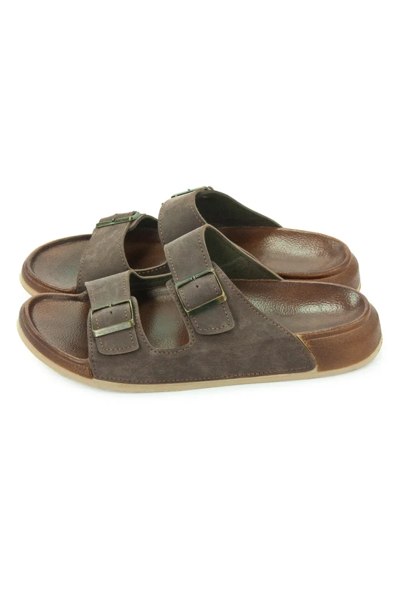 Erkek Çift Tokalı Ortopedik Hac Umre Terliği - Ergonomik Rahat Taban Günlük Terlik - Kahverengi - 6