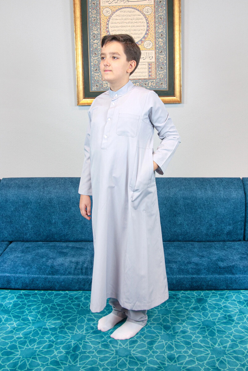 Erkek Çocuk Hac Umre Hakim Yaka Fistan Pantolon Takım - Gri - ihvanonline