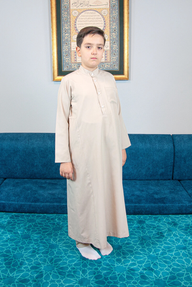 Erkek Çocuk Hac Umre Hakim Yaka Fistan Pantolon Takım - Bej - ihvanonline