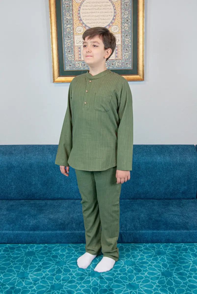 Erkek Çocuk Hac Umre Yarım Patlı Gömlek Pantolon Takım - Yeşil (Krk) - 1