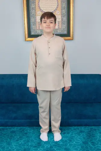 Erkek Çocuk Hac Umre Yarım Patlı Gömlek Pantolon Takım - Bej (Krk) - ihvanonline (1)