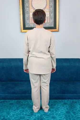 Erkek Çocuk Hac Umre Yarım Patlı Gömlek Pantolon Takım - Bej (Krk) - 5