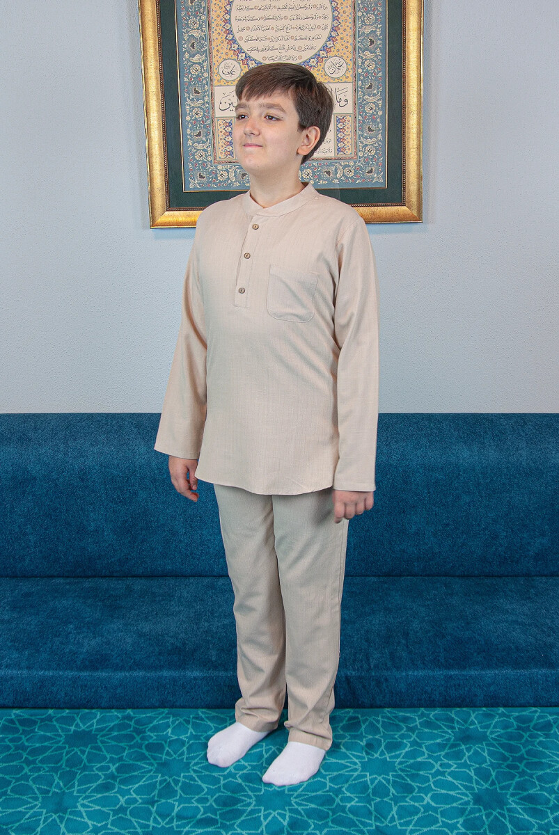 Erkek Çocuk Hac Umre Yarım Patlı Gömlek Pantolon Takım - Bej (Krk) - ihvanonline