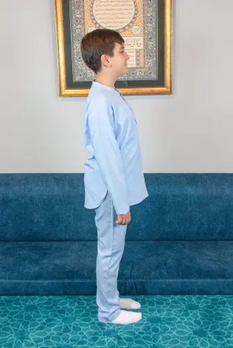 Erkek Çocuk Hac Umre Yarım Patlı Gömlek Pantolon Takım - Mavi (Krk) - 4