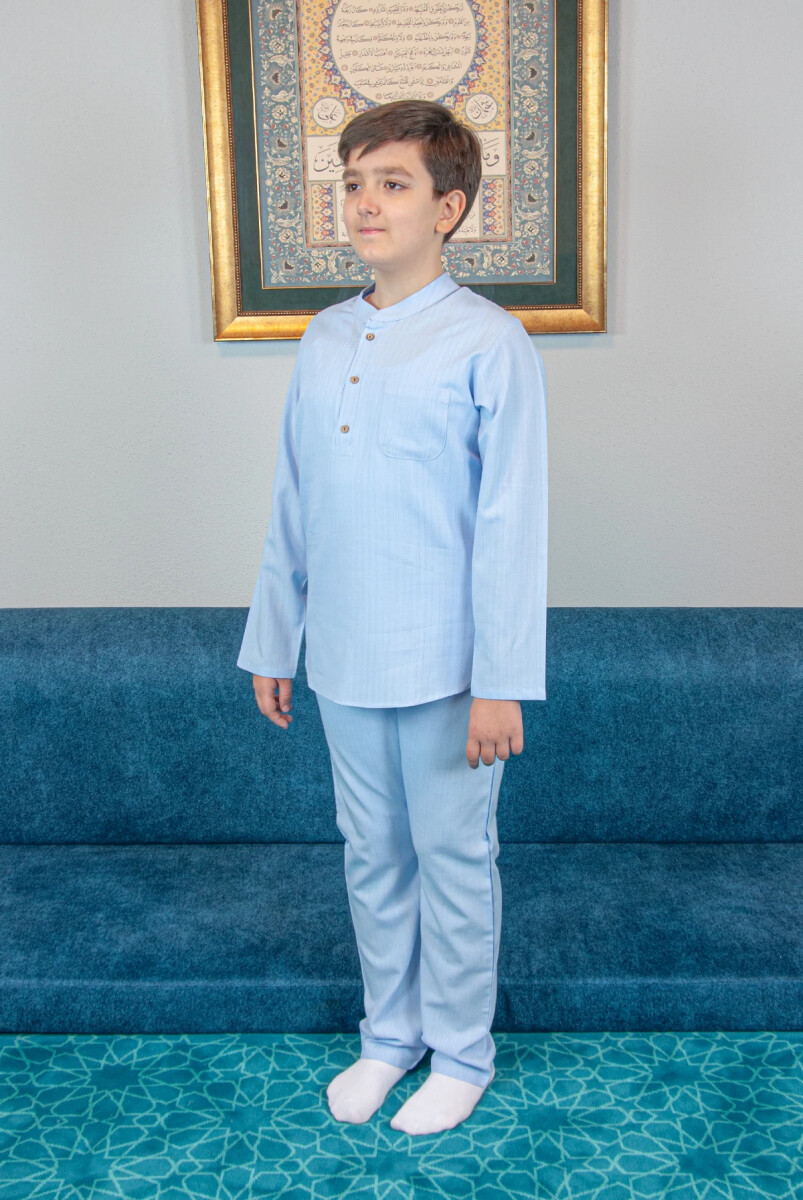 Erkek Çocuk Hac Umre Yarım Patlı Gömlek Pantolon Takım - Mavi (Krk) - ihvanonline