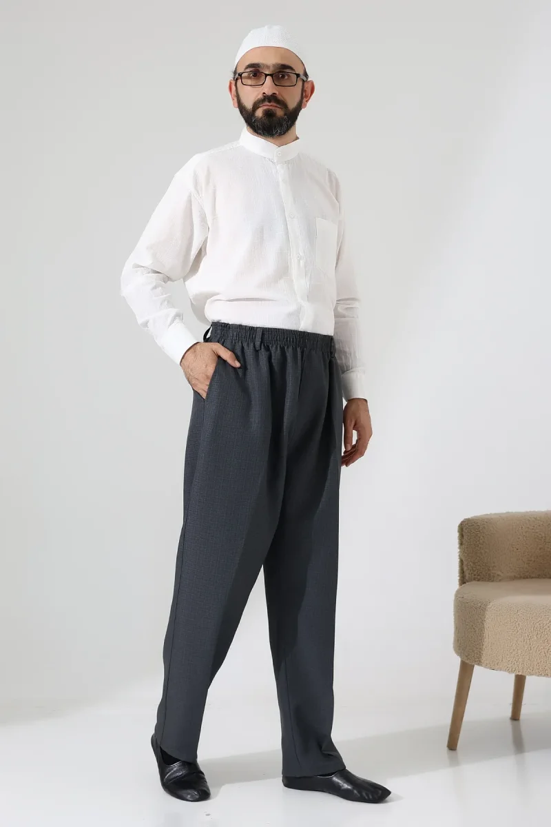 Erkek Kışlık Graf Kareli Kumaş Şalvar Pantolon, Beli Lastikli Cepli - Füme (ISR) - 3