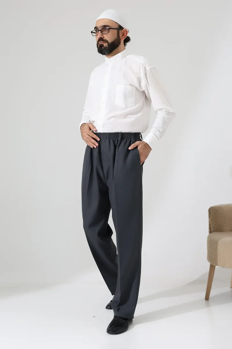 Erkek Kışlık Graf Kareli Kumaş Şalvar Pantolon, Beli Lastikli Cepli - Füme (ISR) - 4