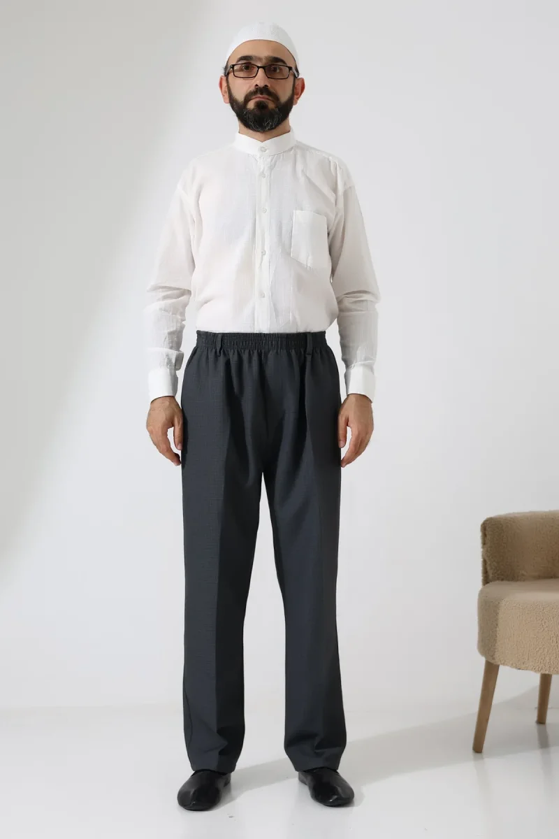 Erkek Kışlık Graf Kareli Kumaş Şalvar Pantolon, Beli Lastikli Cepli - Füme (ISR) - 5