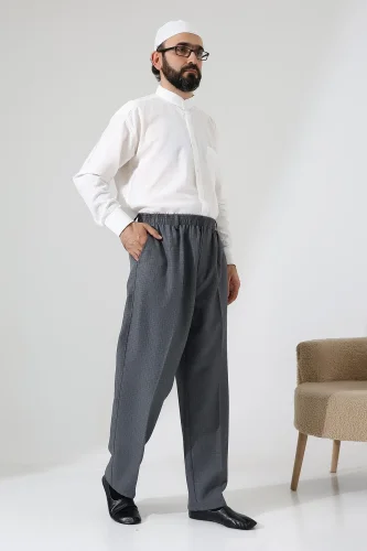Erkek Kışlık Graf Kareli Kumaş Şalvar Pantolon, Beli Lastikli Cepli - Gri (ISR) - İhvan (1)