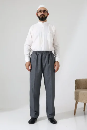 Erkek Kışlık Graf Kareli Kumaş Şalvar Pantolon, Beli Lastikli Cepli - Gri (ISR) - 3