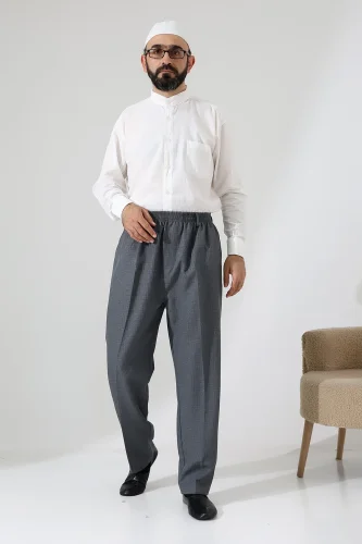 Erkek Kışlık Graf Kareli Kumaş Şalvar Pantolon, Beli Lastikli Cepli - Gri (ISR) - 4