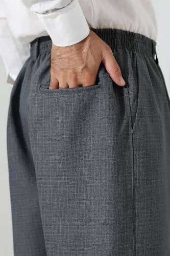 Erkek Kışlık Graf Kareli Kumaş Şalvar Pantolon, Beli Lastikli Cepli - Gri (ISR) - 6
