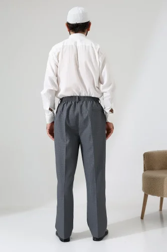 Erkek Kışlık Graf Kareli Kumaş Şalvar Pantolon, Beli Lastikli Cepli - Gri (ISR) - 7