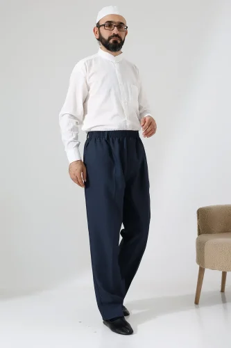 Erkek Kışlık Graf Kareli Kumaş Şalvar Pantolon, Beli Lastikli Cepli - Mavi (ISR) - İhvan (1)