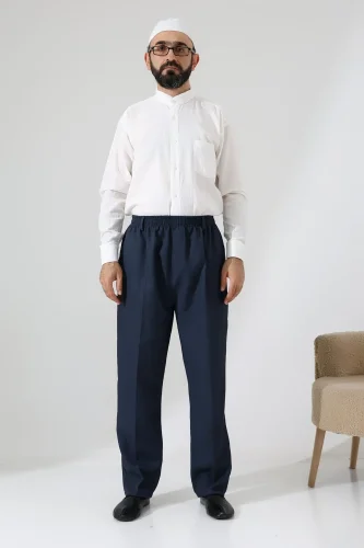 Erkek Kışlık Graf Kareli Kumaş Şalvar Pantolon, Beli Lastikli Cepli - Mavi (ISR) - 3