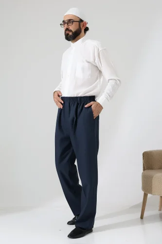 Erkek Kışlık Graf Kareli Kumaş Şalvar Pantolon, Beli Lastikli Cepli - Mavi (ISR) - 4